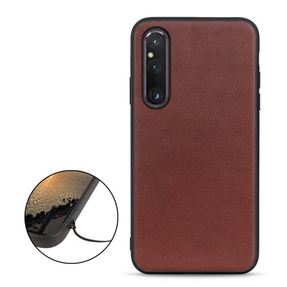 Lambskin leather phone case with brown texture, camera cutout, for Sony Xperia 1 V/10 V