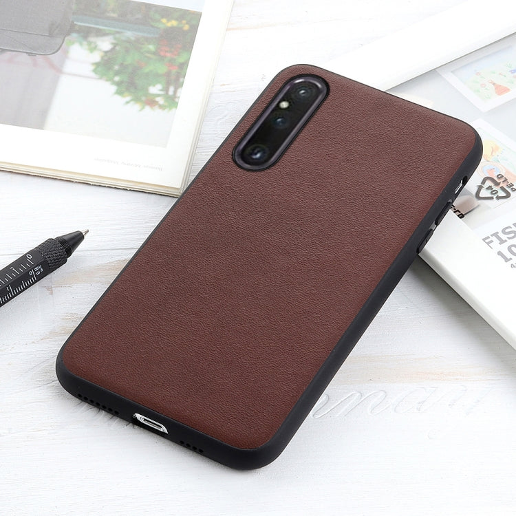 Lambskin leather phone case, brown with camera cutout and bottom port openings