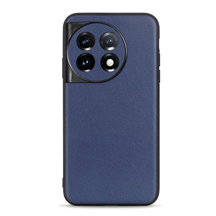 Blue lambskin leather phone case with textured finish and raised camera cutouts