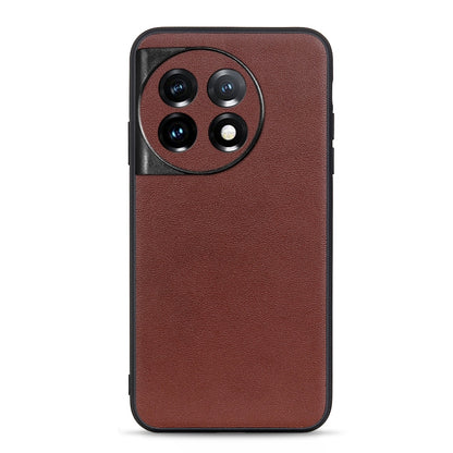 Brown lambskin leather phone case with circular camera cutout and black trim