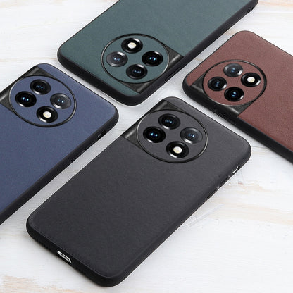 Assorted lambskin leather phone cases in black, blue, and brown with camera cutouts