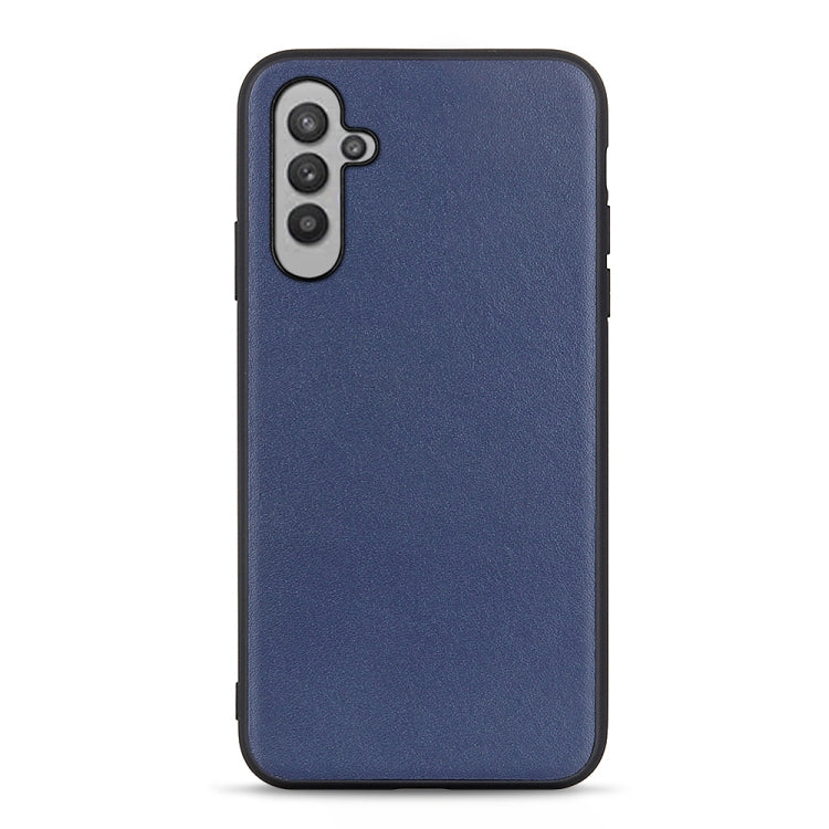 Blue leather phone case with textured finish and camera cutout on back