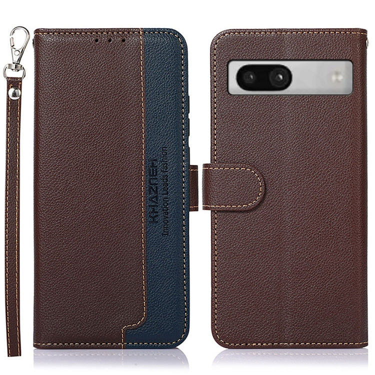 Brown litchi leather RFID phone case with flip cover, key wrist strap, and camera cutout