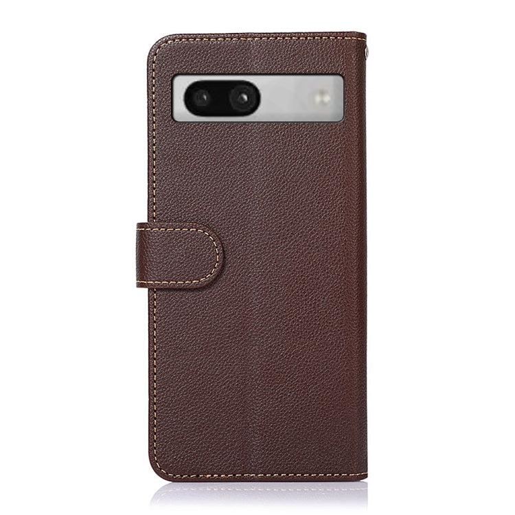 Brown litchi leather RFID flip phone case with camera cutout and side flap tab