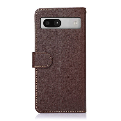 Brown litchi leather RFID flip phone case with camera cutout and side flap tab
