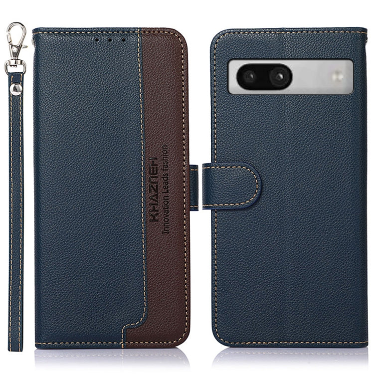 Blue litchi leather RFID phone case with flip cover, key wrist strap, and camera cutout