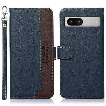Blue litchi leather RFID phone case with flip cover, key wrist strap, and camera cutout