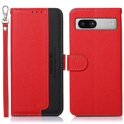 Red litchi leather RFID phone case with flip cover, key wrist strap, and camera cutout