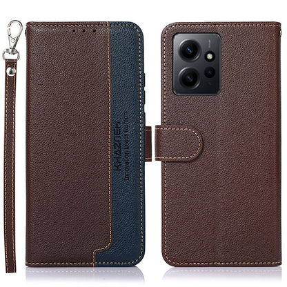 Brown litchi leather RFID flip phone case with camera cutout and side flap tab
