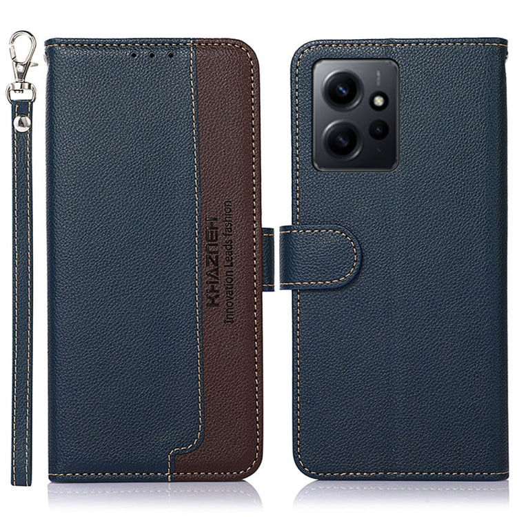 Two-tone leather RFID phone case, dark blue with brown accents, litchi texture