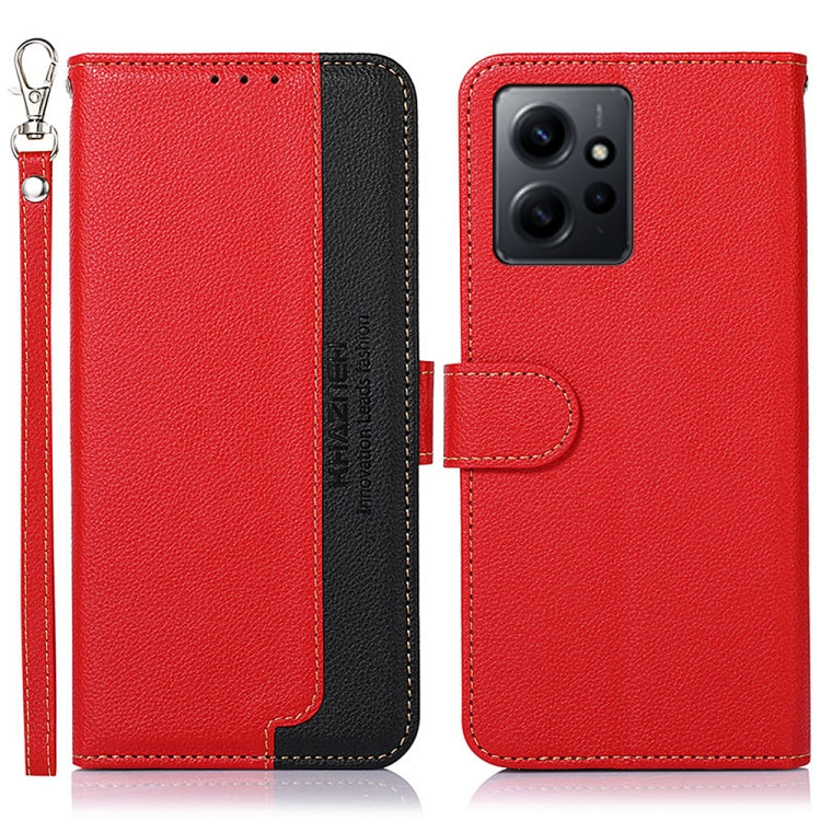 Two-tone leather RFID phone case, red with black accents, litchi texture