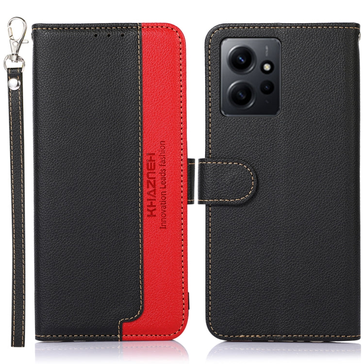 Two-tone leather RFID phone case, black with red accents, litchi texture