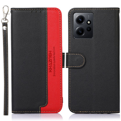 Two-tone leather RFID phone case, black with red accents, litchi texture