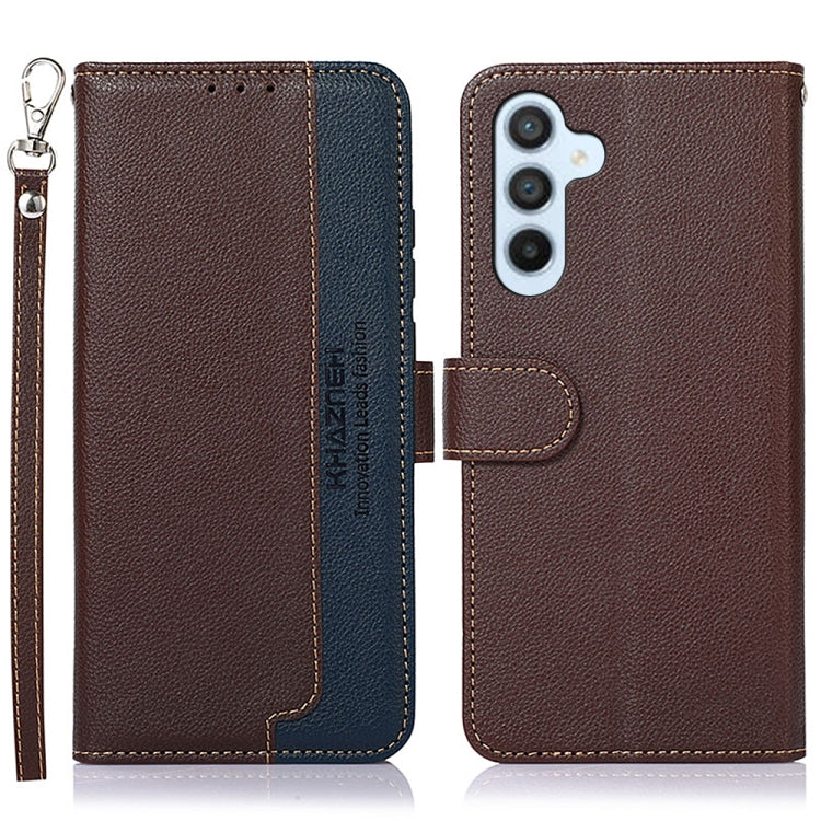 Two-tone leather RFID phone case, brown with blue accents, litchi texture