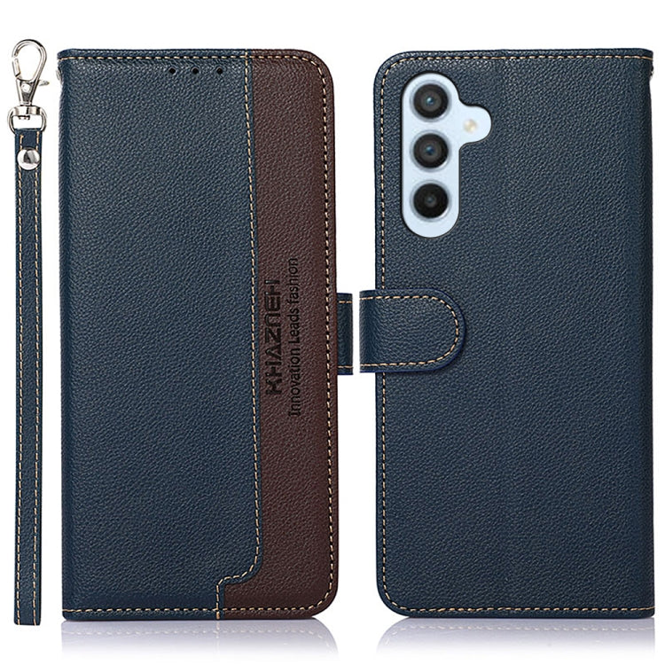 Two-tone leather RFID phone case, dark blue with brown accents, key ring included
