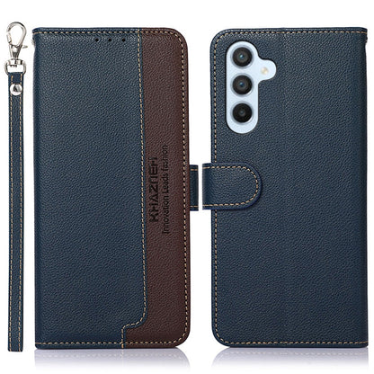 Two-tone leather RFID phone case, dark blue with brown accents, key ring included