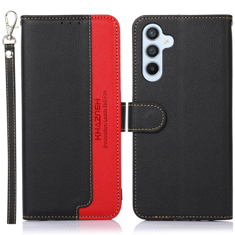 Two-tone leather RFID phone case, black with red accents, key ring included