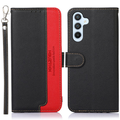 Two-tone leather RFID phone case, black with red accents, key ring included