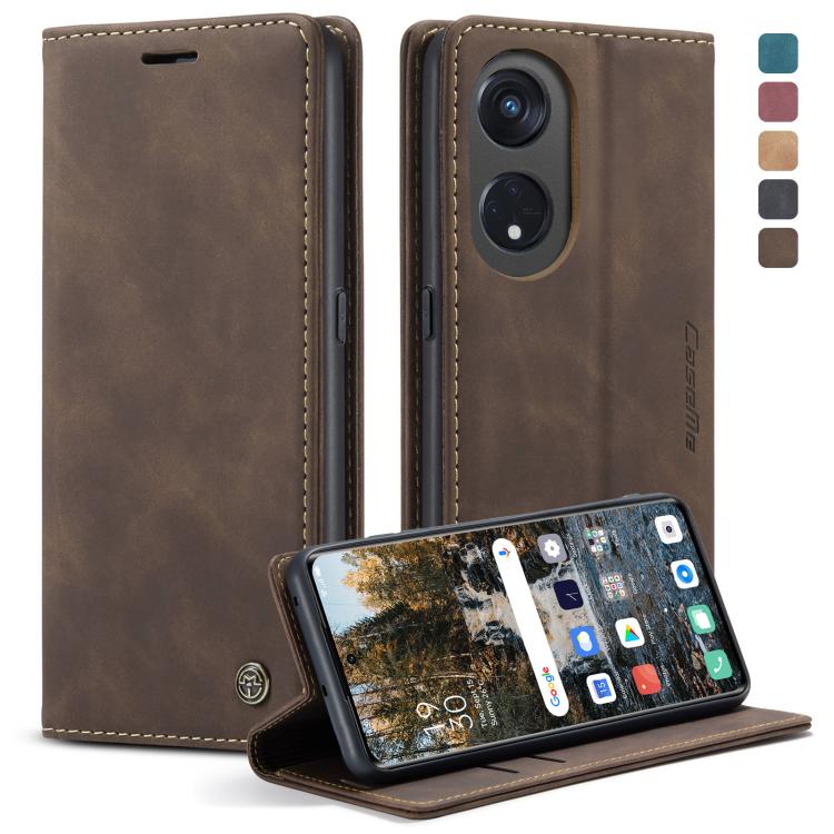 Coffee brown leather flip phone case with stitched edges and camera cutout; stand up view