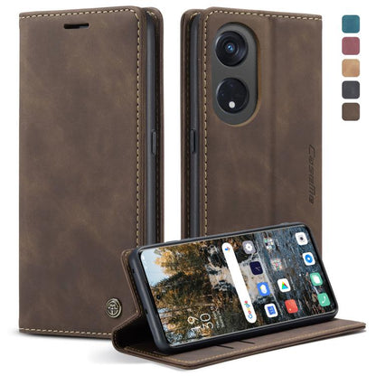 Coffee brown leather flip phone case with stitched edges and camera cutout; stand up view