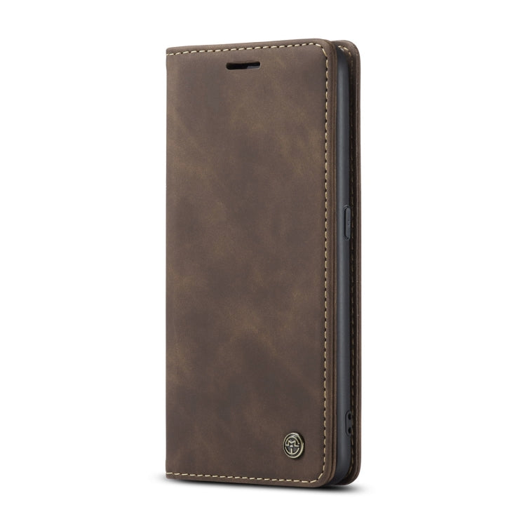 Coffee brown leather flip phone case, front cover closed, side button and cutout access