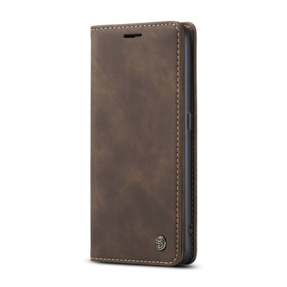 Coffee brown leather flip phone case, front cover closed, side button and cutout access