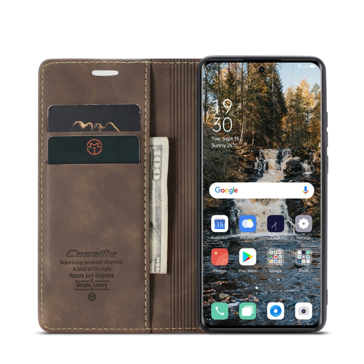 Coffee brown leather flip phone case open, with card slots and phone camera cutout