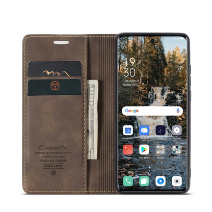 Coffee brown leather flip phone case open, with card slots and phone camera cutout