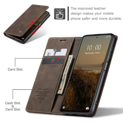 Coffee brown leather flip phone case with card slots and cash slot; phone secured inside