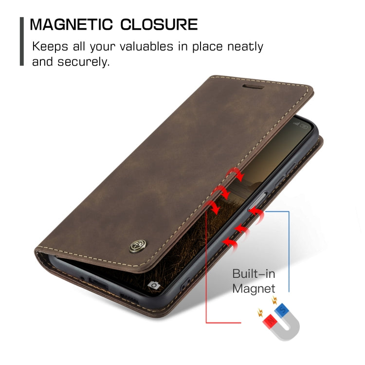 Coffee brown leather flip phone case with magnetic closure and stitched edges
