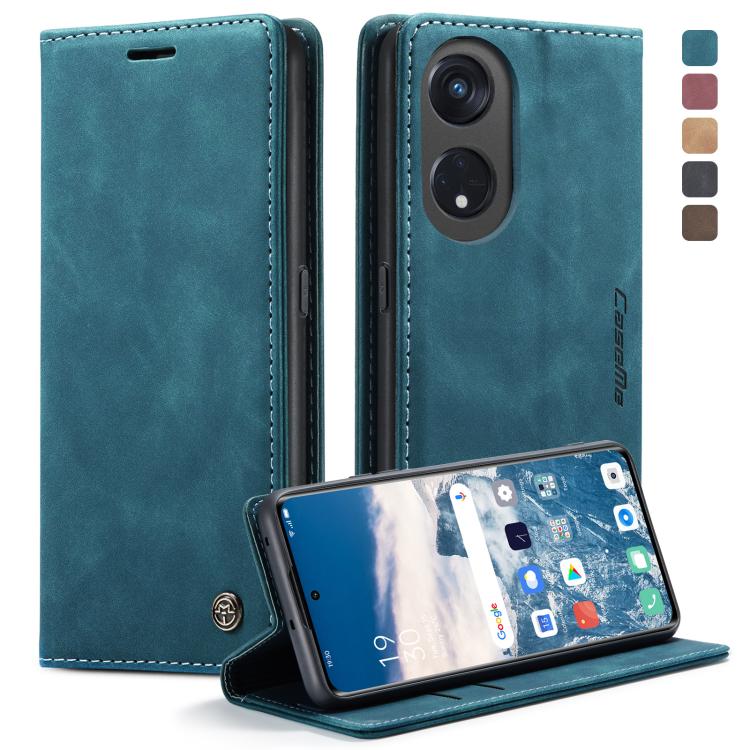 Teal blue leather flip phone case with stitched trim, camera cutout, and stand