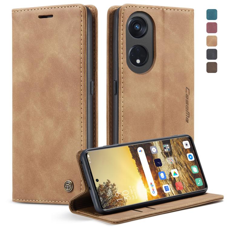 Beige leather flip phone case with stitched edges, camera cutout, and stand