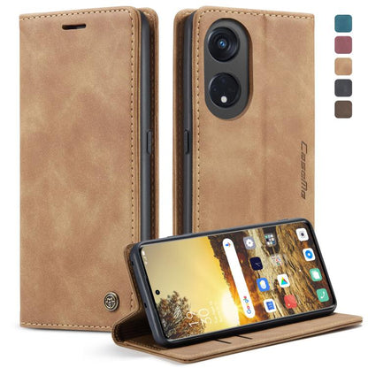 Beige leather flip phone case with stitched edges, camera cutout, and stand
