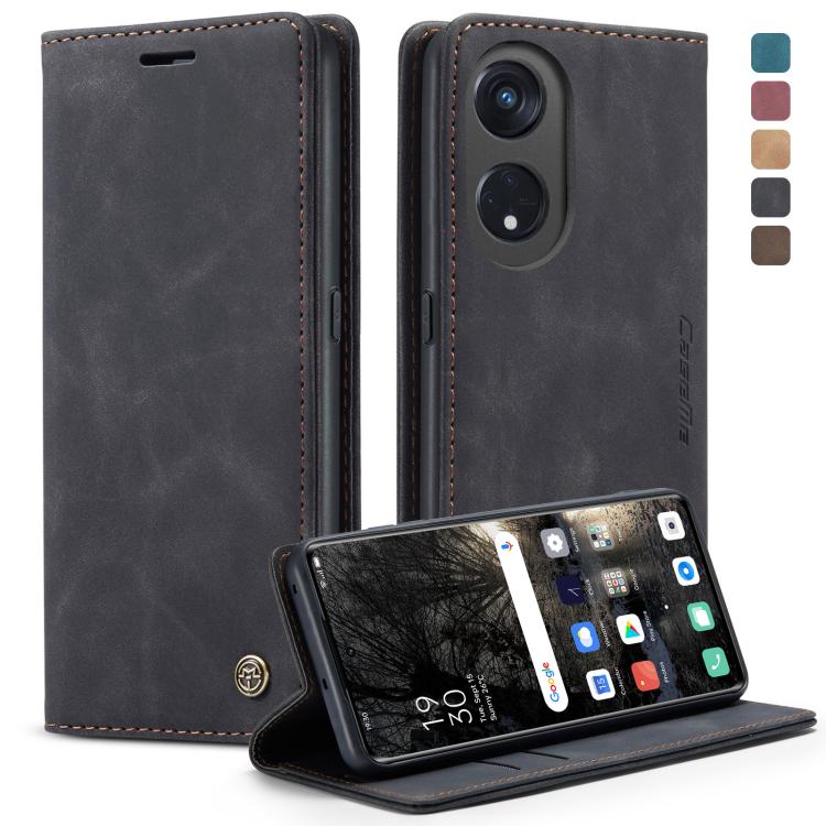 Dark gray leather flip phone case with camera cutout and kickstand