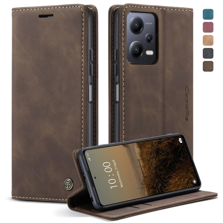 Coffee brown leather flip phone case, cover closed and propped view with camera cutouts