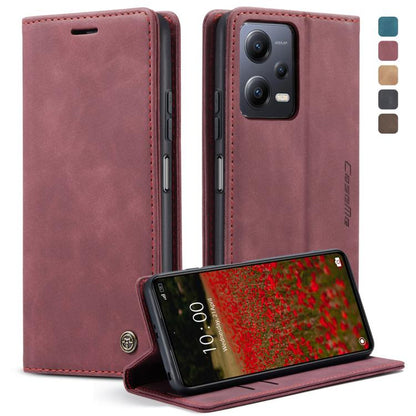 Wine red leather flip phone case with precise cutouts and folding stand for phone