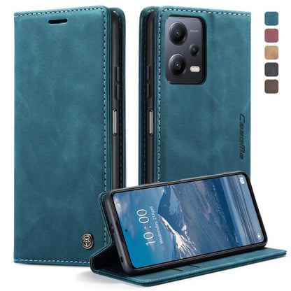 Teal blue leather flip phone case with side button openings and folding stand