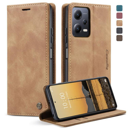 Beige leather flip phone case with folding stand, camera openings, and side access