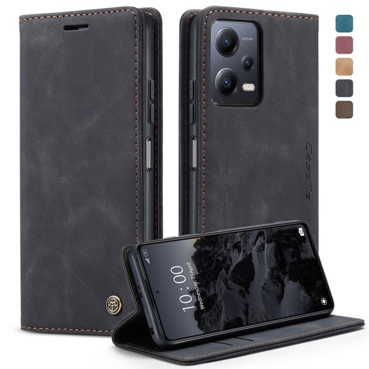 Charcoal leather flip phone case with camera cutout and kickstand