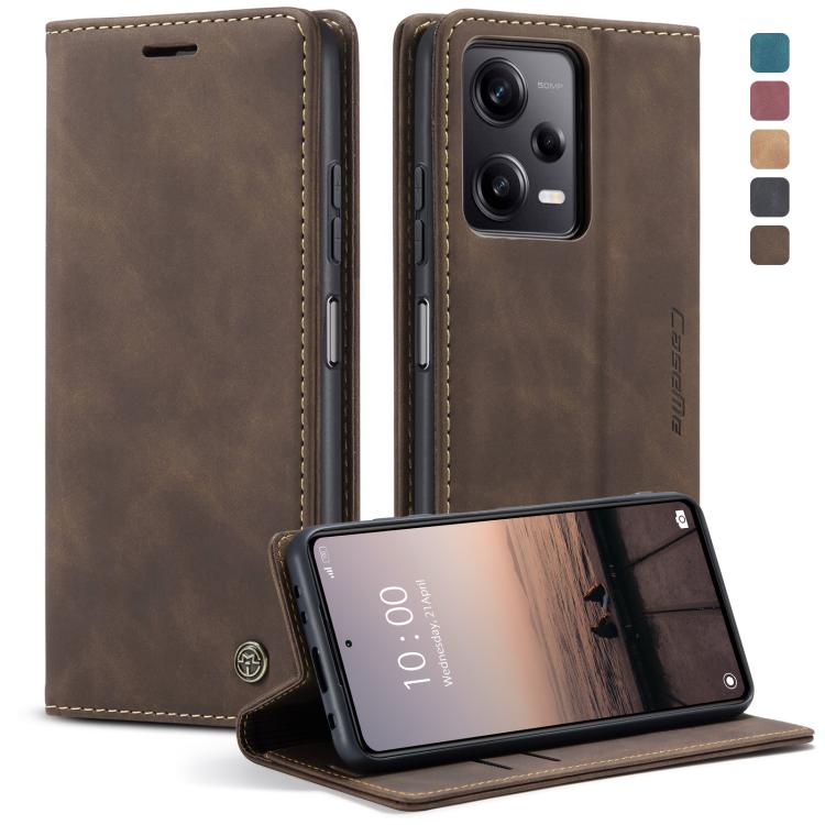 Coffee brown leather flip phone case with stand-up propped front and side access openings