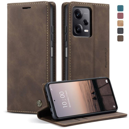 Coffee brown leather flip phone case with stand-up propped front and side access openings