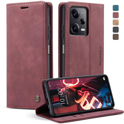 Wine red leather flip phone case showing camera openings and horizontal flip cover