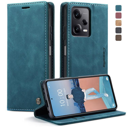 Teal blue leather flip phone case with horizontal flip design and camera openings