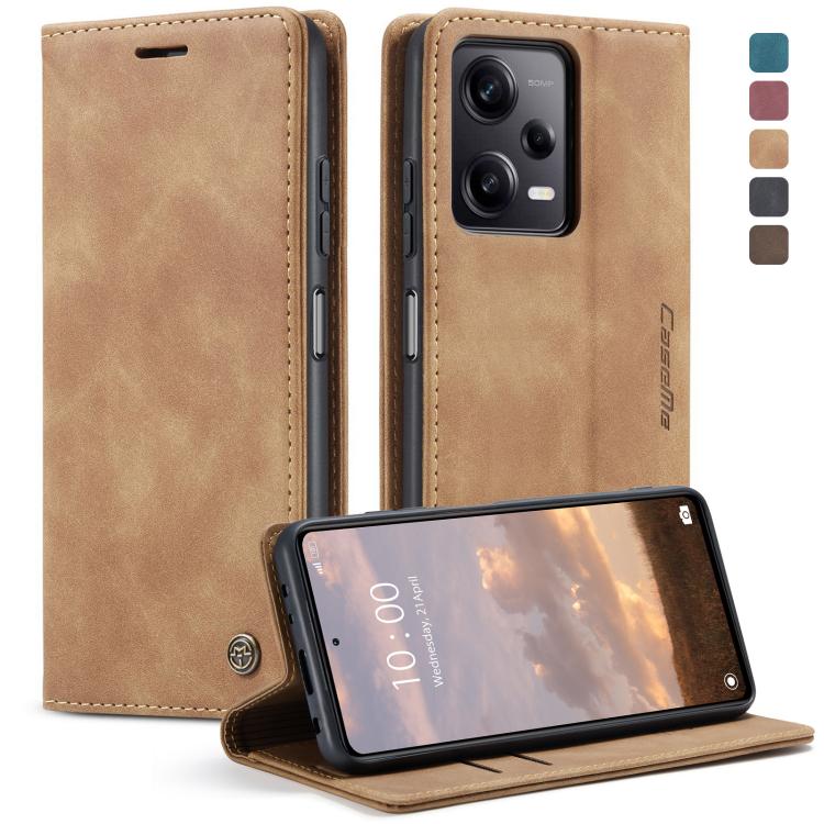 Coffee-brown leather flip phone case with camera cutout and horizontal stand