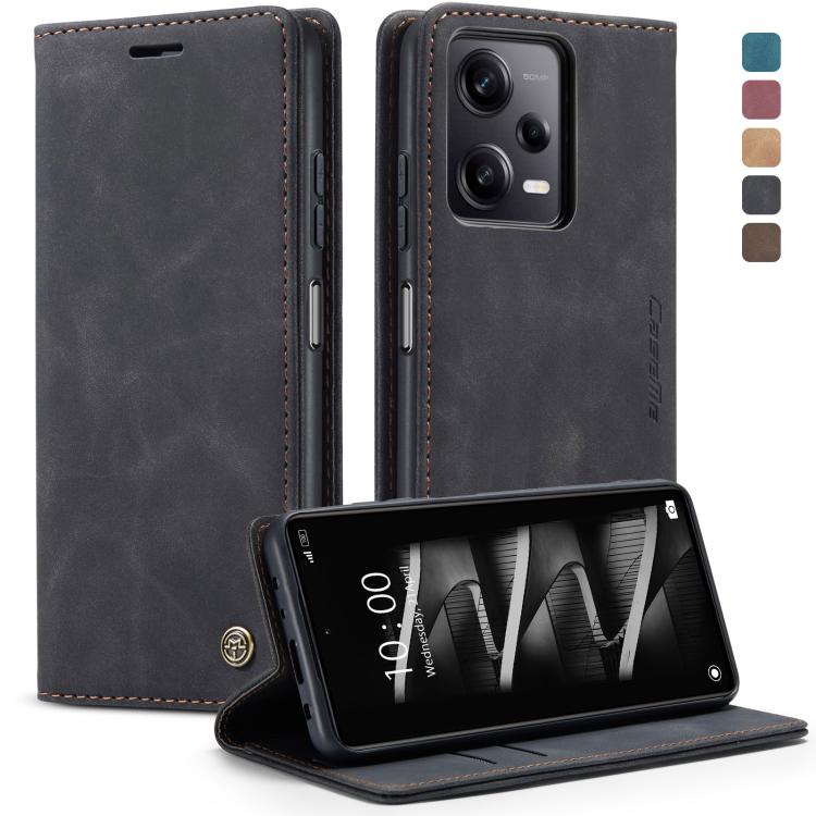 Black leather flip phone case with camera cutout and horizontal stand