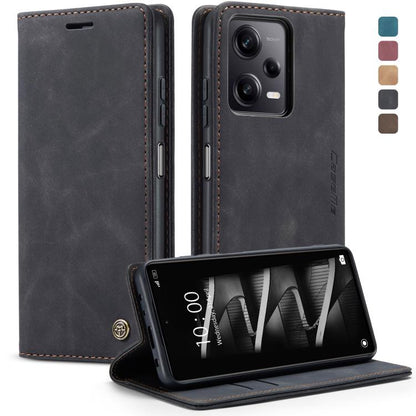 Black leather flip phone case with camera cutout and horizontal stand