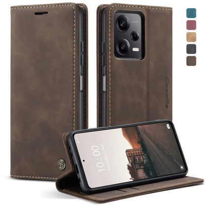Coffee brown leather flip phone case with propped front cover and dual camera cutouts