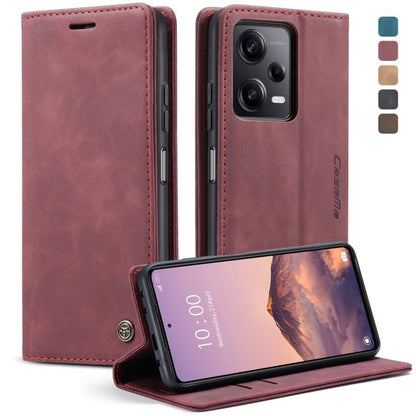 Wine red leather flip phone case with kickstand viewing angle and camera cutout