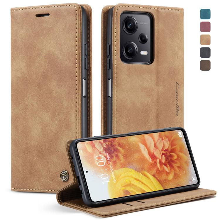 Tan leather flip phone case with camera cutout and horizontal viewing stand