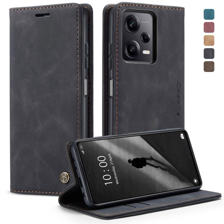 Black leather flip phone case with camera cutout and horizontal viewing stand